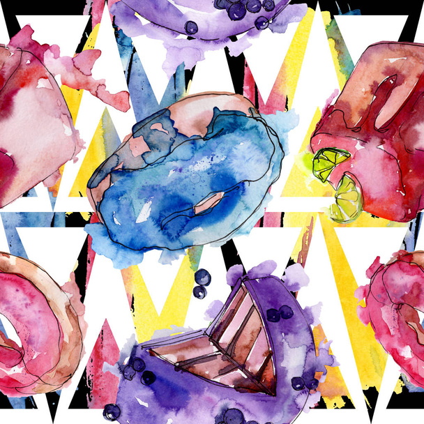 Tasty cake in a watercolor style. Watercolour illustration set. Seamless background pattern. - 写真・画像