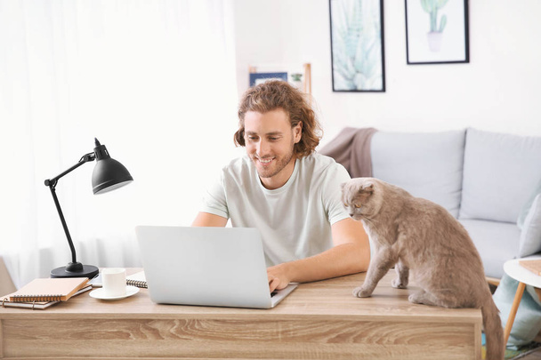 Man with cute funny cat working on laptop at home - Zdjęcie, obraz