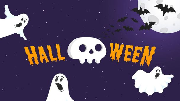 Happy Halloween text postcard banner with ghosts scary face - Vector, Image