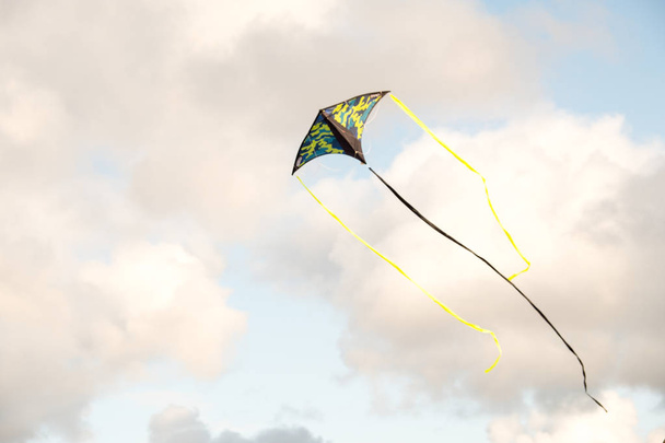 Um papagaio voando contra o céu azul. Um brinquedo que voa no ar por exposição ao vento. Gerido por cabos. Verão. dia
. - Foto, Imagem