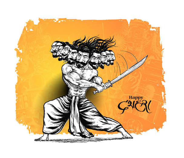 Dussehra ünnepe-dühös Ravana tíz fejjel, kézzel rajzolt S - Vektor, kép