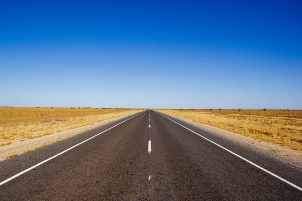 traight Road w deser Australii na Flinders Hightway, Quennsland Australia - Zdjęcie, obraz