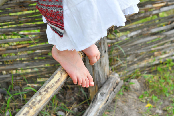 retrato de ucraniano Menina bonita em vyshivanka ao lado da velha casa de madeira. menina em bordado. Conceito de tradições nacionais
 - Foto, Imagem