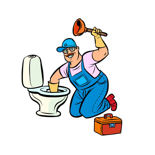 υδραυλικός καθαρίζει την τουαλέτα - Διάνυσμα, εικόνα
