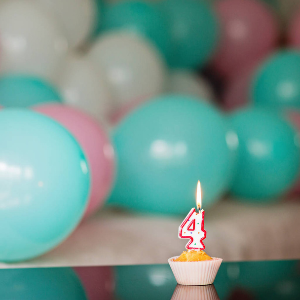Birthday cake and colorful balloons on background , celebrate 4 years old birthday - Valokuva, kuva