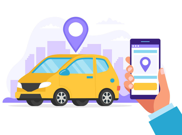 Carsharing-Konzept. Autovermietung über mobile App. ein handgehaltenes Smartphone mit einer App, um einen Standort im Auto zu finden. Vektor-Illustration im flachen Stil - Vektor, Bild