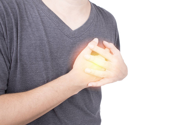 asiatischer Mann mit Schmerzen in der Brust hat unter Hören gelitten - Foto, Bild