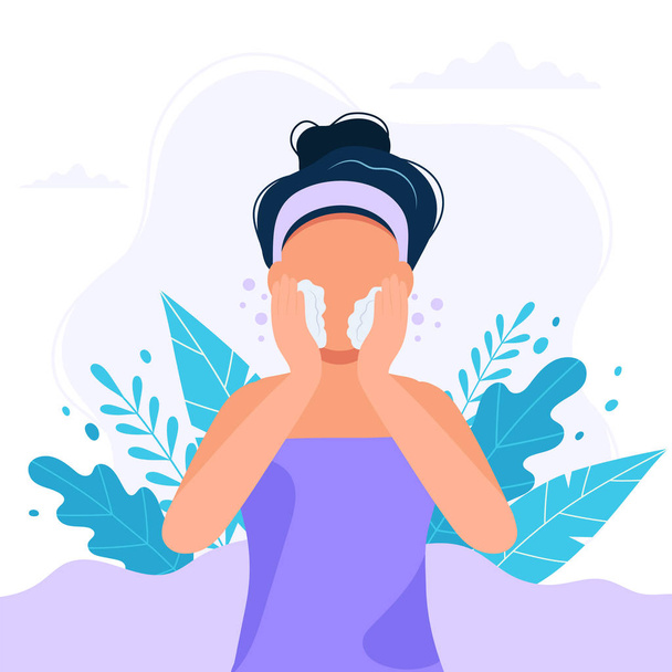 Skin care routine.Woman cleansing the her face with soap, beauty routine. Cute vector illustration in flat style. - Vector, Image