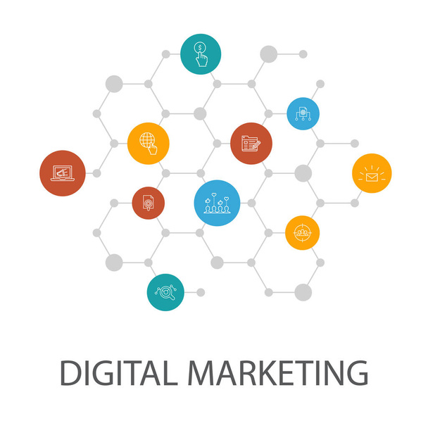 Präsentationsvorlage für digitales Marketing, Cover-Layout und Infografiken. Internet, Marketingforschung, soziale Kampagne, Bezahlung per Klick - Vektor, Bild