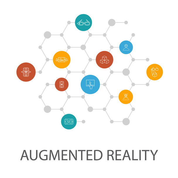 Modelo de apresentação de realidade aumentada, layout de capa e infográficos. Reconhecimento Facial, aplicativo AR, jogo AR, Realidade Virtual
 - Vetor, Imagem