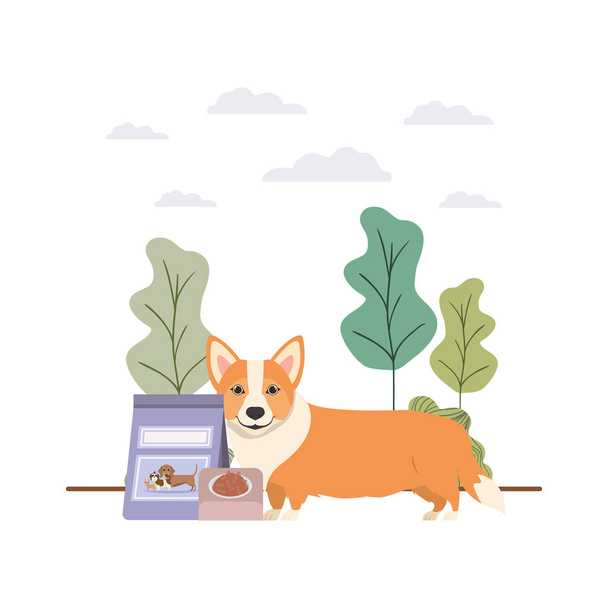 cão com tigela e pet food na paisagem
 - Vetor, Imagem