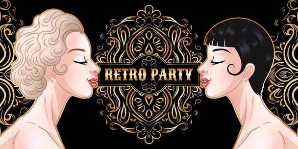 Retro party card, two young beautiful women in 1920s style, flap - Vector, Image