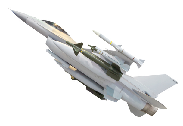 Avion à réaction militaire avec missile à arme complète isolé sur blanc
 - Photo, image
