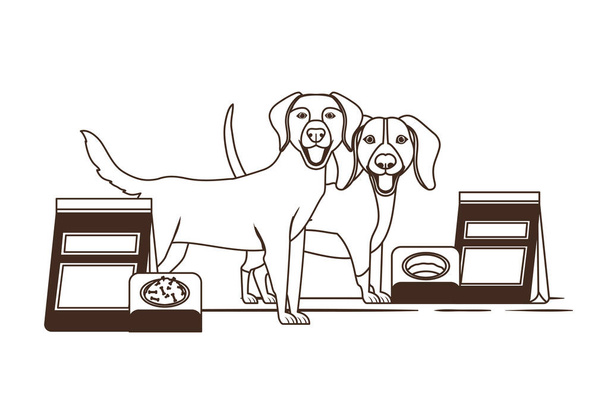 silueta de perros con tazón y comida para mascotas sobre fondo blanco
 - Vector, Imagen