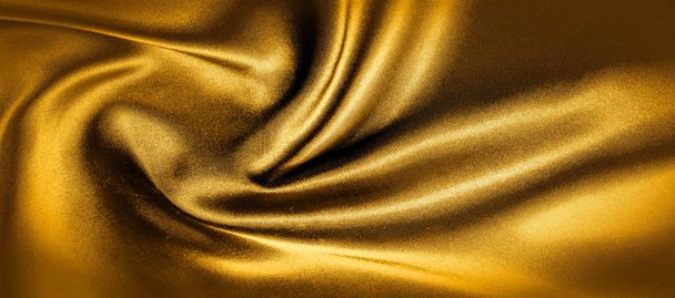 texture, background, pattern. golden yellow silk fabric panorami - Photo, Image