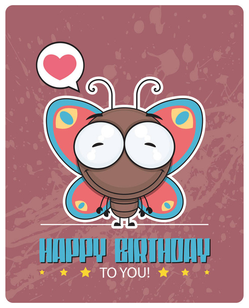 Funny happy birthday greeting card with cartoon butterfly charac - Vektor, Bild