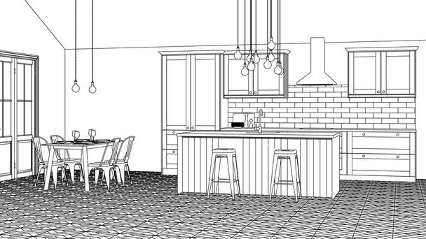 L'interno della cucina in una casa privata. Schizzo lineare degli interni. Rendering 3D
. - Vettoriali, immagini