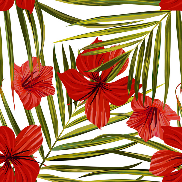 Palm tree. Hibiscus seamless pattern. Flower background - Vetor, Imagem