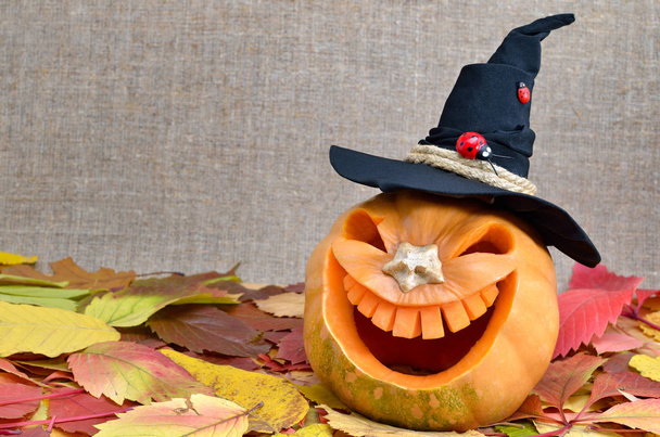 Dynia na Halloween rzeźbione w kształcie uśmiech. Jack Lantern głowy rzeźbione z dyni na Halloween. - Zdjęcie, obraz