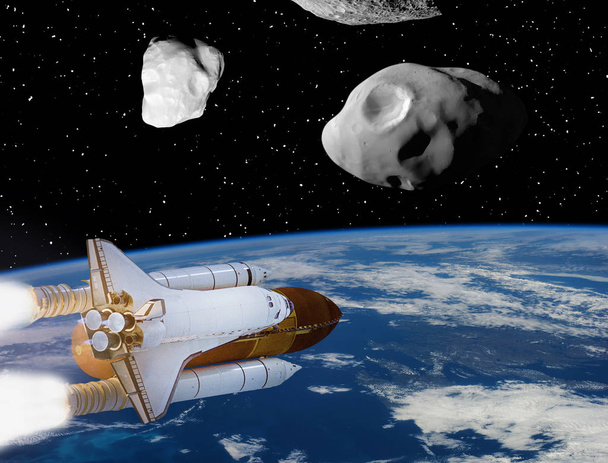 Raket en asteroïden boven de aarde. De elementen van deze afbeelding vacht - Foto, afbeelding