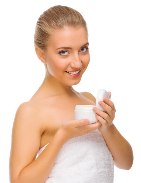 Young healthy girl with body cream - Foto, Imagem
