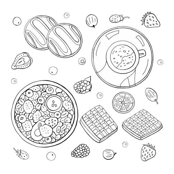 Big set of different black and white breakfast elements on white - Vector, imagen