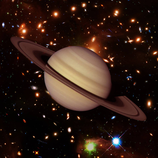 惑星土星、宇宙の背景を持つ。銀河と星  - 写真・画像