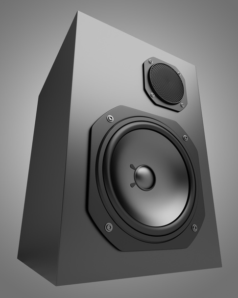 single black audio speaker isolated on gray background - Photo, Image