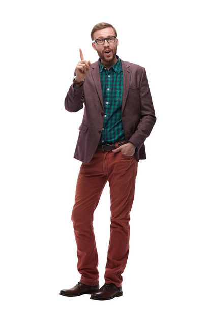 in full growth. serious hipster man showing a gesture of Eureka - Foto, Imagen