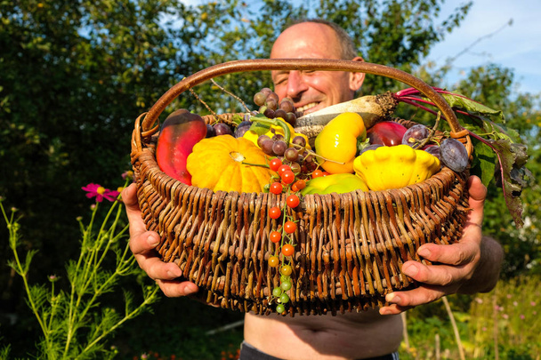  58-letý muž se upřímně zasměje a zavře oči. Muž nabízí proutěný koš plný ekologické zeleniny. Malý byznys na Ukrajině. Koncept výroby řemesel. - Fotografie, Obrázek