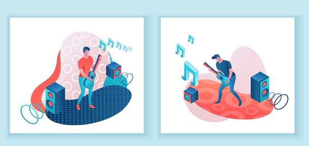 Gitárjátékos 3D izometrikus infographic illusztráció szett, férfi játszik rockzene, koncert show poszter sablon, zenekar művészek, jazz fesival, rajzfilm gyűjteménye a zenei emberek, kék és korall szín - Vektor, kép