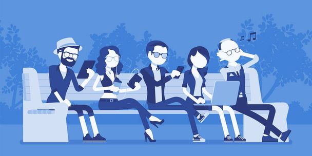Young people with gadgets on bench - Vector, Image