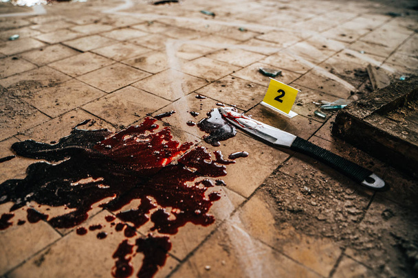 Crime scene with knife marked with number in blood of victim on floor. Investigation of cruel murder concept - Photo, Image