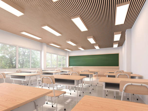 Modern çağdaş sınıf 3d render, odalar beyaz duvarlar ve zeminler, ahşap tavanlar, ahşap masa ve sandalyeler ile dekore edilmiş, doğal manzaralı büyük pencereler var. - Fotoğraf, Görsel