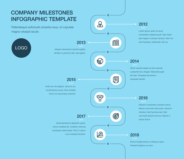 Vector infographic for company milestones timeline template isolated on blue background. Easy to use for your website or presentation. - Vector, Image