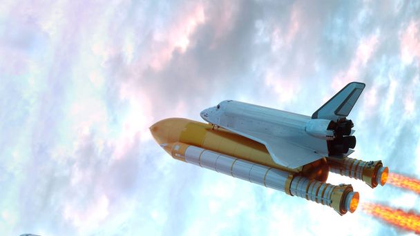 Διαστημικό λεωφορείο που πετάει πάνω από τα σύννεφα. εικονογράφηση 3D - Φωτογραφία, εικόνα