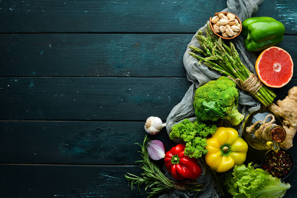 Fresh vegetables and fruits. Healthy food. Top view. Free copy space. - Foto, Bild