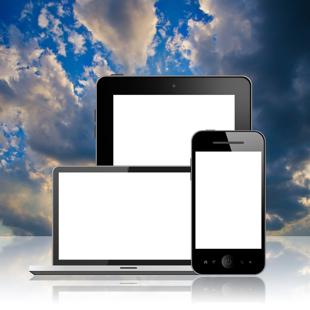 Laptop, tablet pc e telefone móvel
 - Foto, Imagem