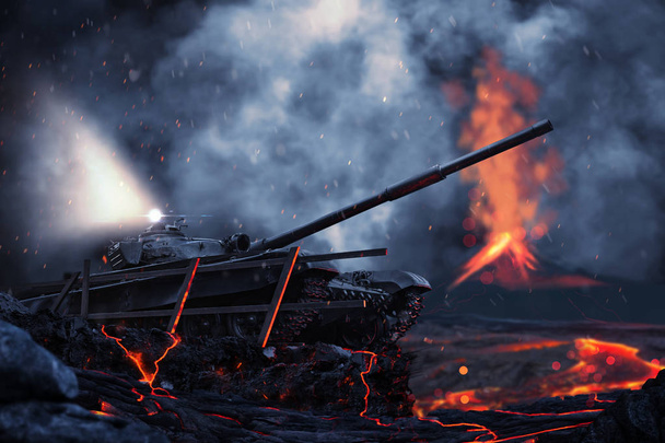 Battle Tank op het slagveld tegen de achtergrond van een actieve vulkaan - Foto, afbeelding