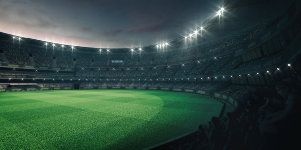Luces del estadio y campo de hierba verde vacío con ventiladores alrededor, vista tribuna perspectiva
 - Foto, Imagen