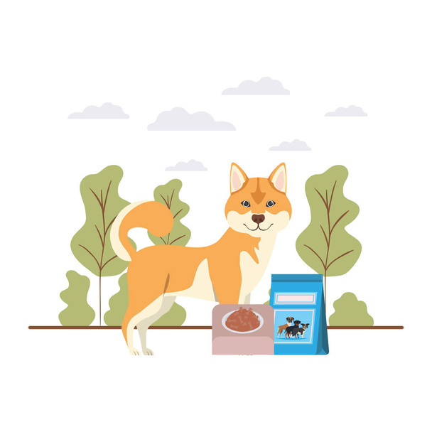 perro con tazón y comida para mascotas en el paisaje
 - Vector, imagen