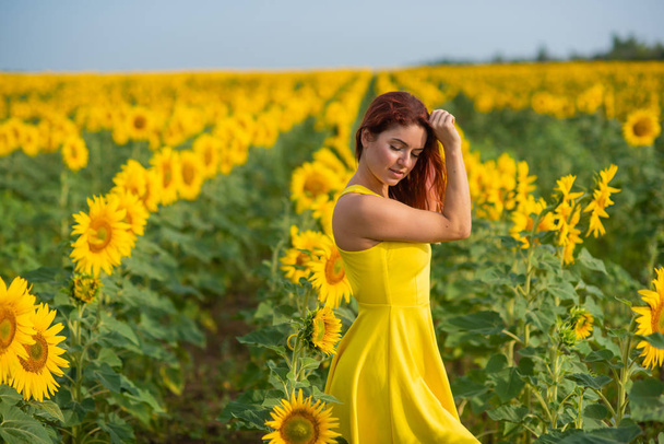 A red-haired woman in a yellow dress is standing in a field of sunflowers. Beautiful girl in a skirt sun enjoys a cloudless day in the countryside. Pink locks of hair. - 写真・画像
