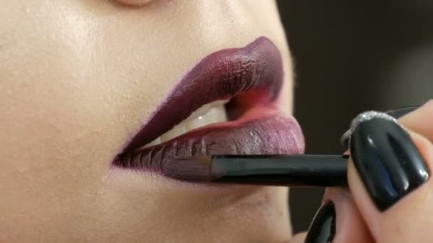 Sulu koyu kırmızı dudaklar profesyonel makyaj sanatçısı tarafından uygulanan özel fırça ruj ve dudak parlatıcı, ile yapılır. Yüksek moda, kız model dudaklar görünümü kadar yakın - Video, Çekim