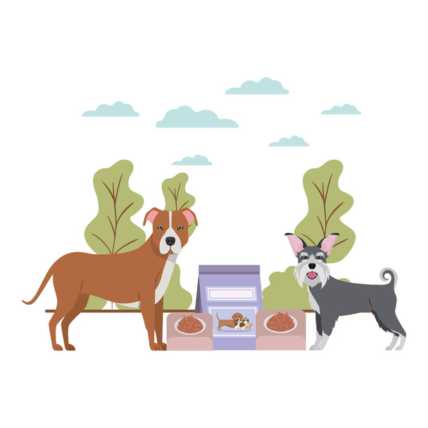 собаки з мискою і кормом для домашніх тварин на ландшафті
 - Вектор, зображення