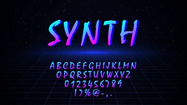 Caratteri in stile anni '90. Retrowave synthwave lettere di design vaporwave, numeri, simboli su sfondo scuro con griglia laser nello spazio stellato. Eps 10
 - Vettoriali, immagini