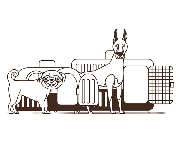 silueta de perros y cajas de transporte de mascotas sobre fondo blanco
 - Vector, Imagen