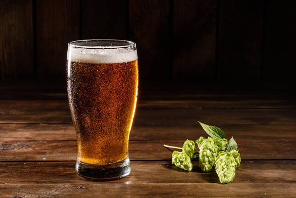 Glass beer on wood background with copy space. Full glass with lager beer, close up - Photo, Image