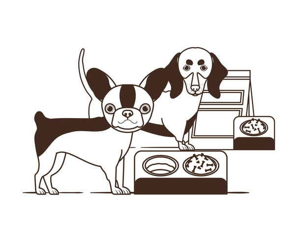 silueta psů s miskou a domácími potravinami na bílém pozadí - Vektor, obrázek