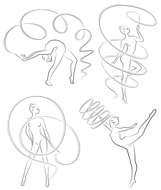 Collection. Rhythmic gymnastics. Silhouette of a girl with a ribbon. Beautiful gymnast. The woman is slim and young. Vector illustration set - Vector, Image