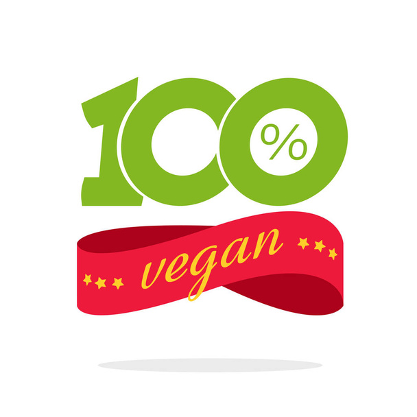 100 percent vegan food label or badge vector icon, 100 percentage healthy green symbol with red ribbon isolated clipart - Vektör, Görsel